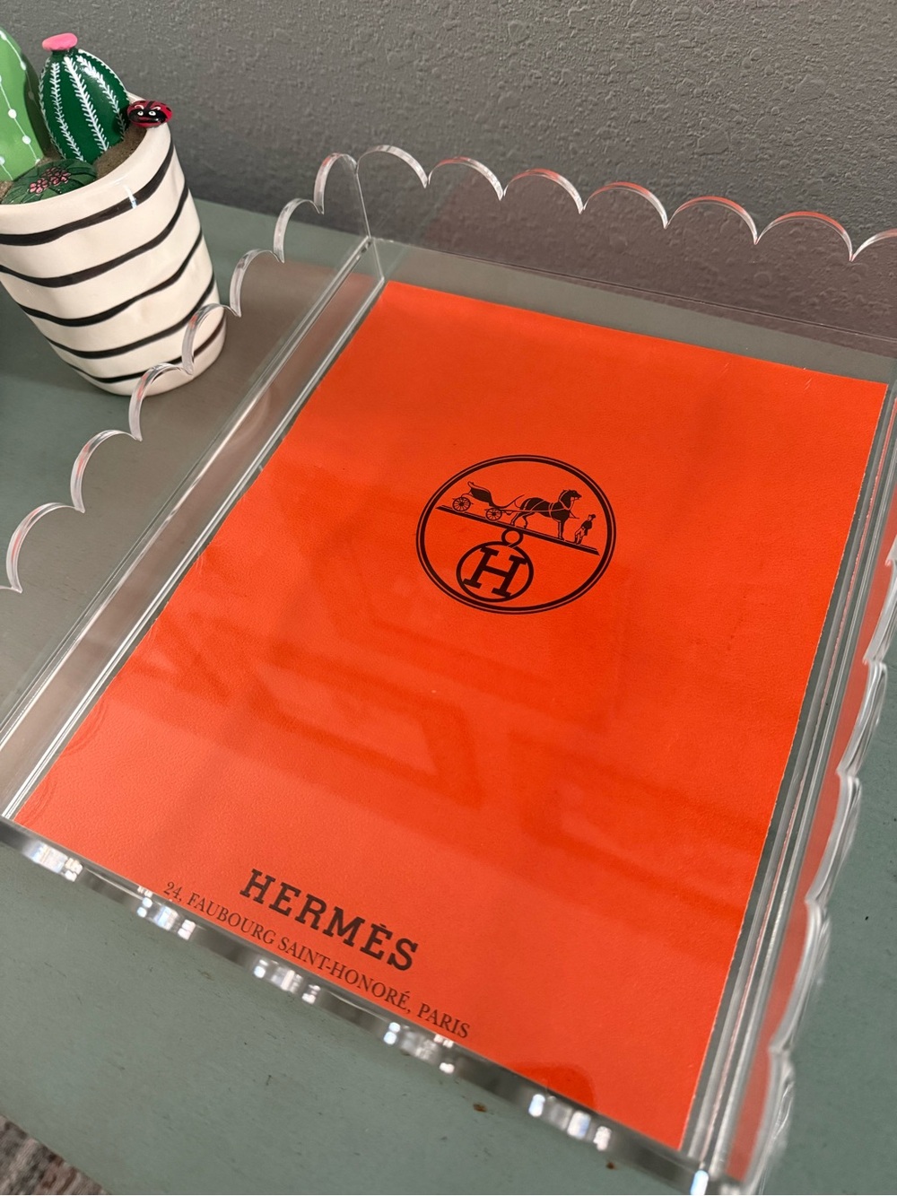 *Handmade* Acrylic Vanity Tray with Hermes Authentic Shopping Bag Insert 10x12